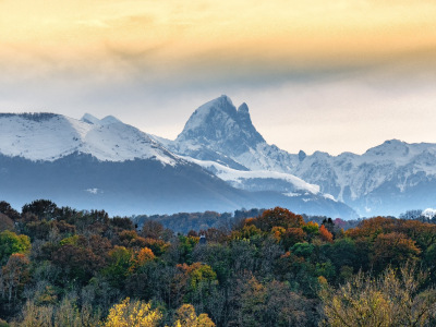 view of Pic du Midi Ossau in autumn, french Pyrenees mountains