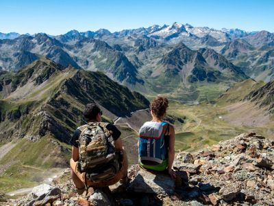 young couple of hiker in the french Pyrenees mountains